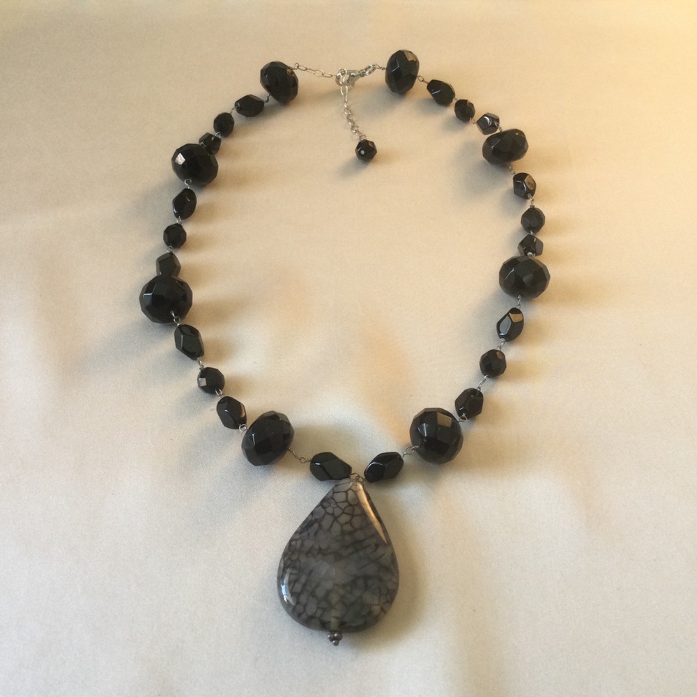 Handmade Jet Bead and Stone Pendant Necklace